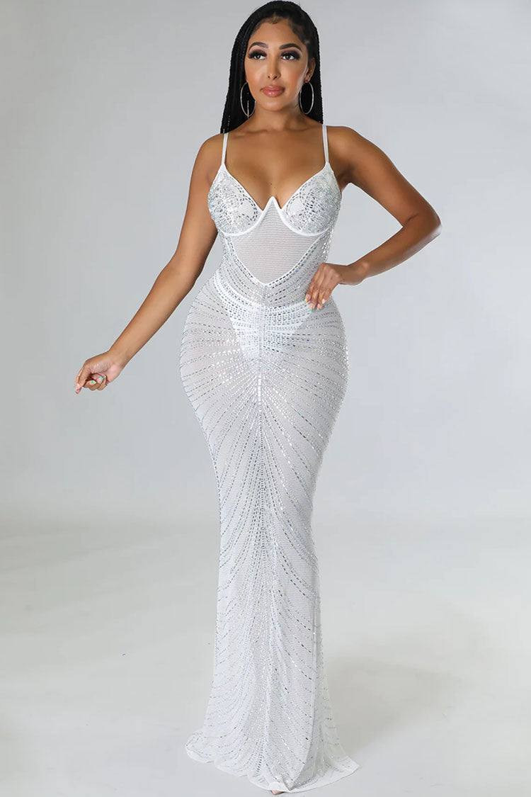 Rhinestone Embellished Bustier Sheer Mesh Spaghetti Strap Mermaid Maxi Gown