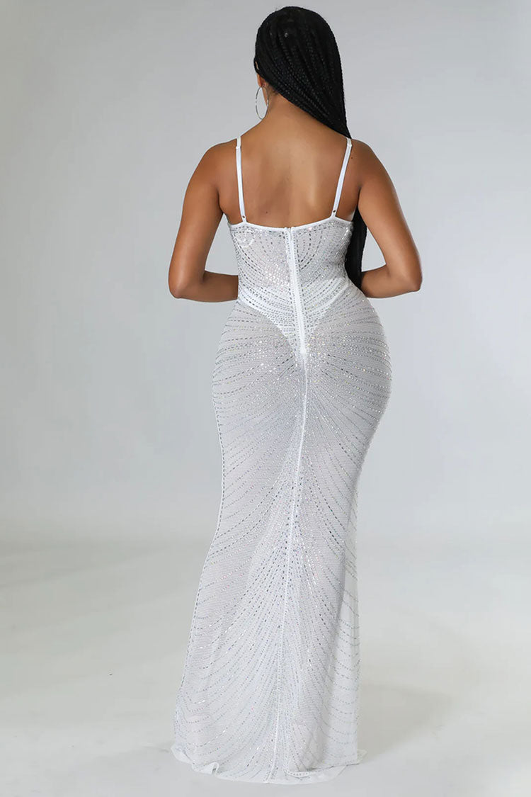 Rhinestone Embellished Bustier Sheer Mesh Spaghetti Strap Mermaid Maxi Gown