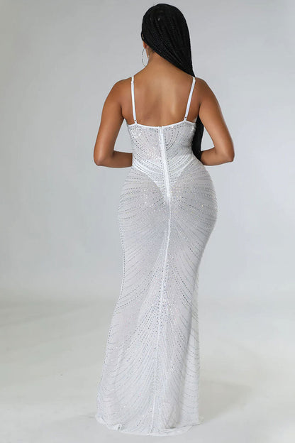 Rhinestone Embellished Bustier Sheer Mesh Spaghetti Strap Mermaid Maxi Gown