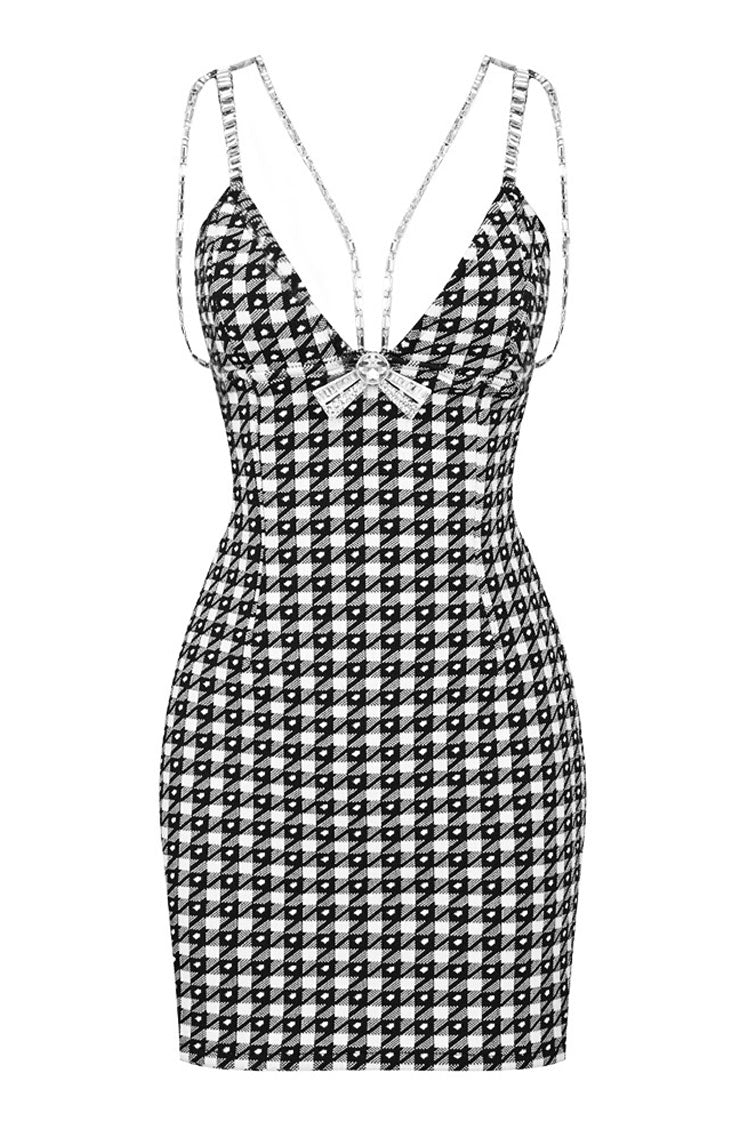 Rhinestone Strap Houndstooth Print Deep V Cami Slip Mini Dress