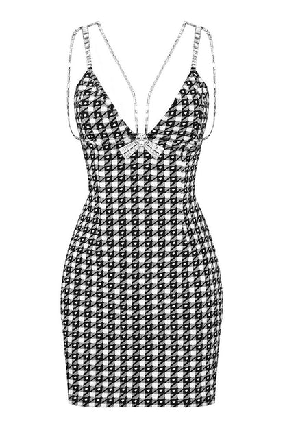 Rhinestone Strap Houndstooth Print Deep V Cami Slip Mini Dress