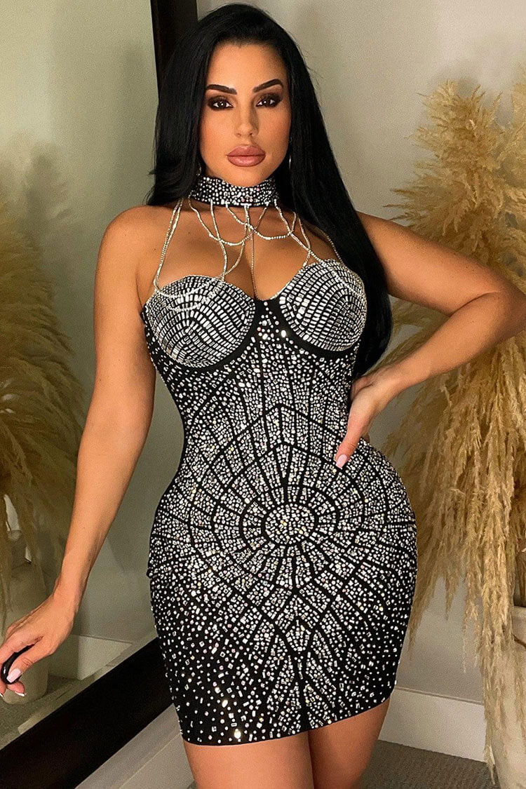 Rhinestone Choker Chain Halter Sweetheart Radial Embellished Bodycon Mini Dress