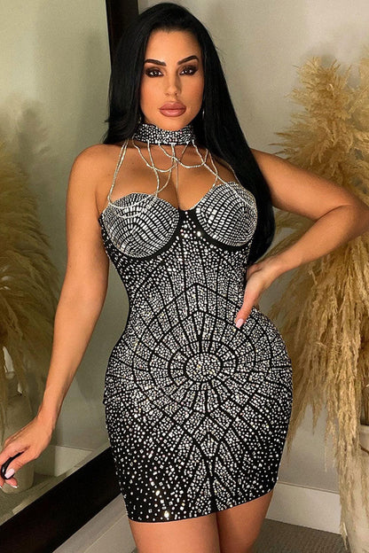 Rhinestone Choker Chain Halter Sweetheart Radial Embellished Bodycon Mini Dress