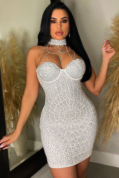 Rhinestone Choker Chain Halter Sweetheart Radial Embellished Bodycon Mini Dress