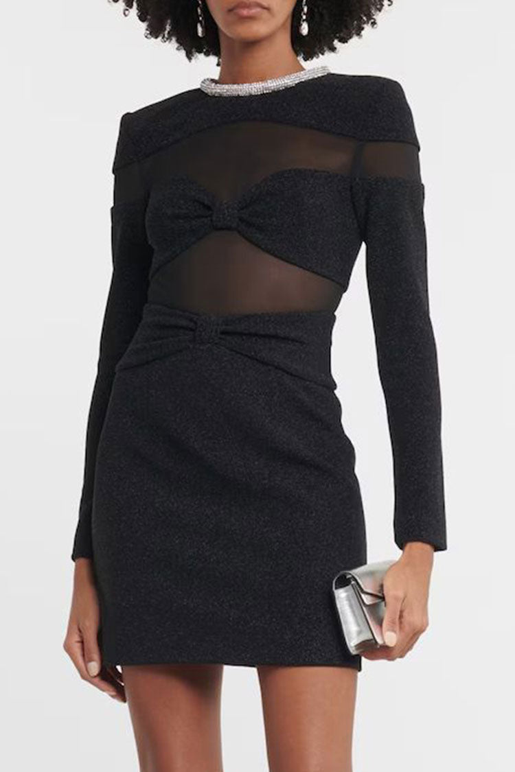 Rhinestone Collar Sheer Mesh Panel Bow Detail Long Sleeve Mini Dress