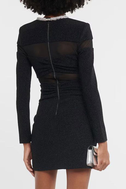 Rhinestone Collar Sheer Mesh Panel Bow Detail Long Sleeve Mini Dress