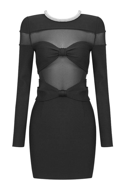 Rhinestone Collar Sheer Mesh Panel Bow Detail Long Sleeve Mini Dress