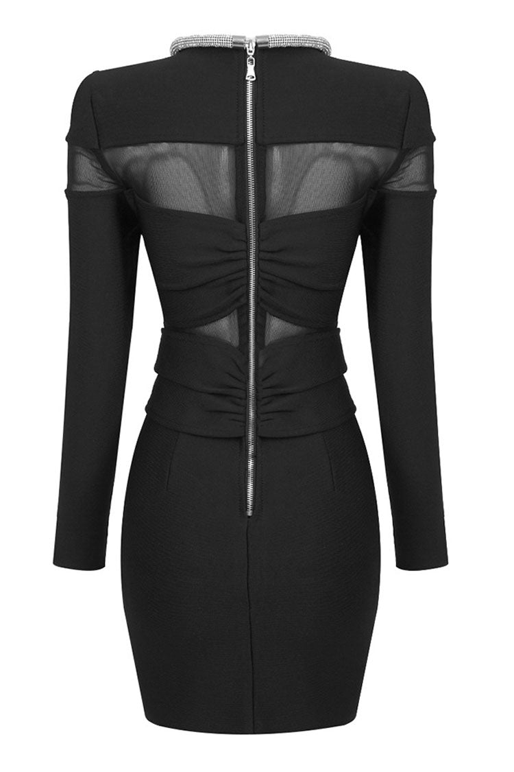 Rhinestone Collar Sheer Mesh Panel Bow Detail Long Sleeve Mini Dress