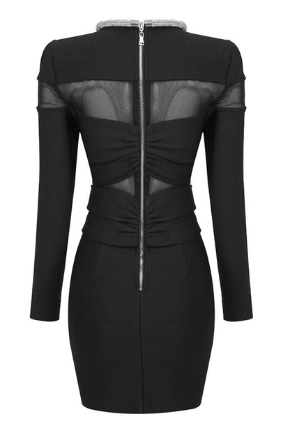 Rhinestone Collar Sheer Mesh Panel Bow Detail Long Sleeve Mini Dress