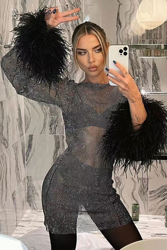 Rhinestone Embellished Mesh Long Sleeve Feather Cuff Bodycon Mini Dress