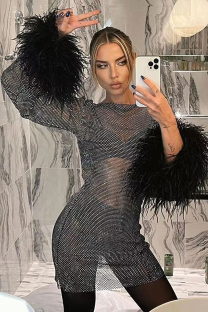 Rhinestone Embellished Mesh Long Sleeve Feather Cuff Bodycon Mini Dress