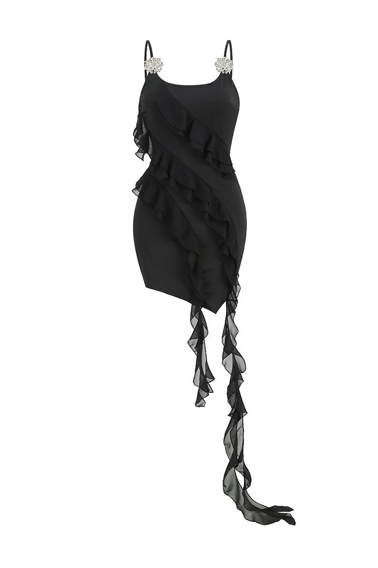 Rhinestone Floral Brooch Spaghetti Strap Tiered Ruffle Bodycon Mini Dress
