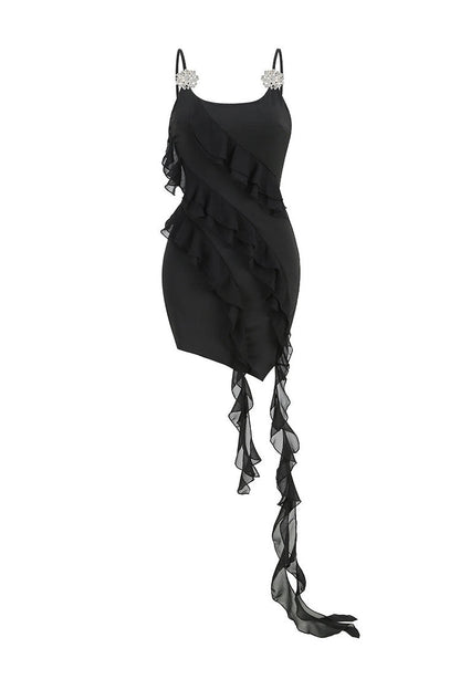 Rhinestone Floral Brooch Spaghetti Strap Tiered Ruffle Bodycon Mini Dress