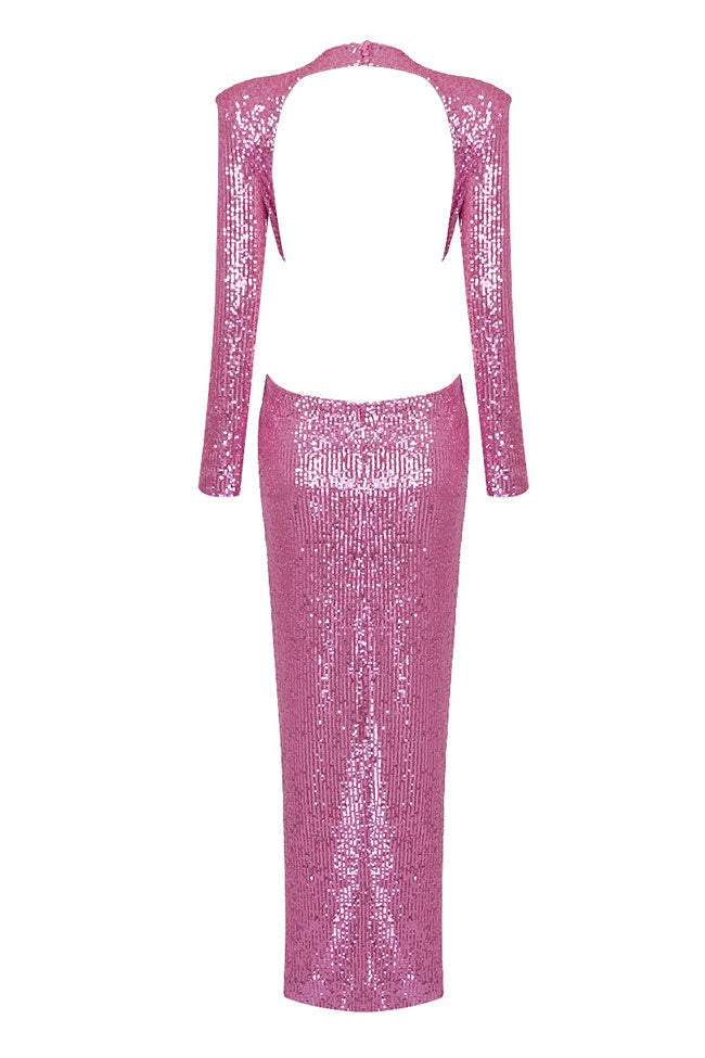 Sequin Puff Shoulder Floral Applique Waist Cutout Ruched Maxi Gown