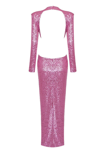 Sequin Puff Shoulder Floral Applique Waist Cutout Ruched Maxi Gown