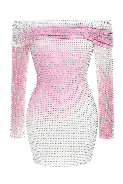 Rhinestone Mesh Ombré Foldover Off-Shoulder Long Sleeve Bodycon Mini Dress