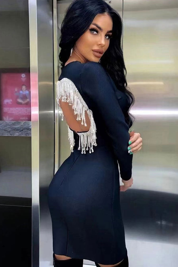 Heart Cutout Back Rhinestone Fringe Long Sleeve Bodycon Mini Dress