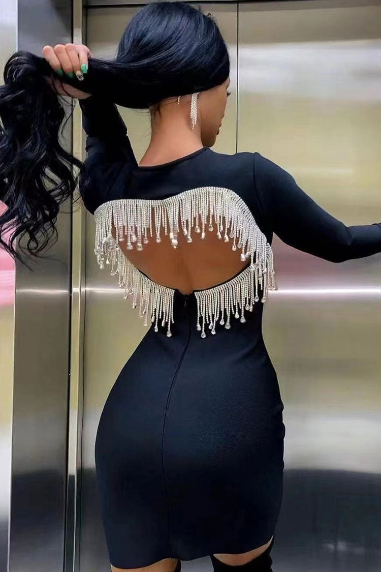 Heart Cutout Back Rhinestone Fringe Long Sleeve Bodycon Mini Dress