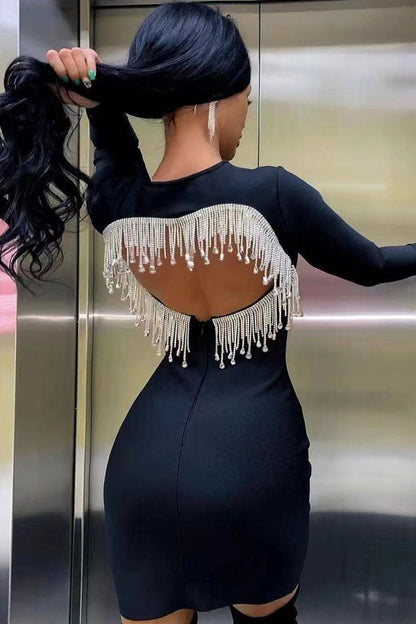 Heart Cutout Back Rhinestone Fringe Long Sleeve Bodycon Mini Dress