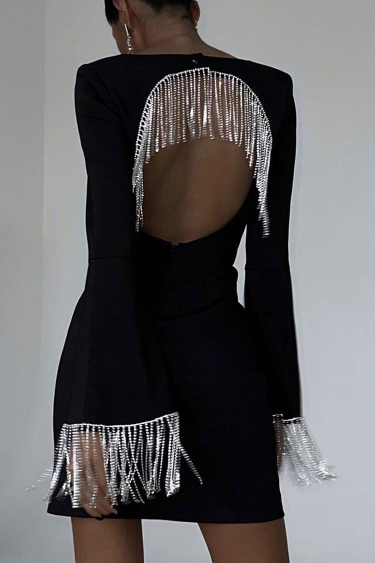 Rhinestone Fringe Oval Back Cutout Long Sleeve Bodycon Mini Dress