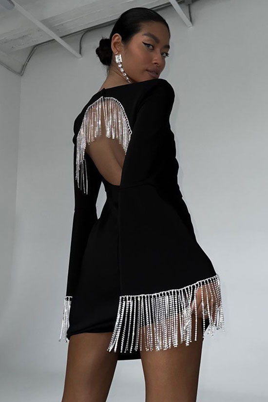 Rhinestone Fringe Oval Back Cutout Long Sleeve Bodycon Mini Dress