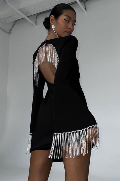 Rhinestone Fringe Oval Back Cutout Long Sleeve Bodycon Mini Dress