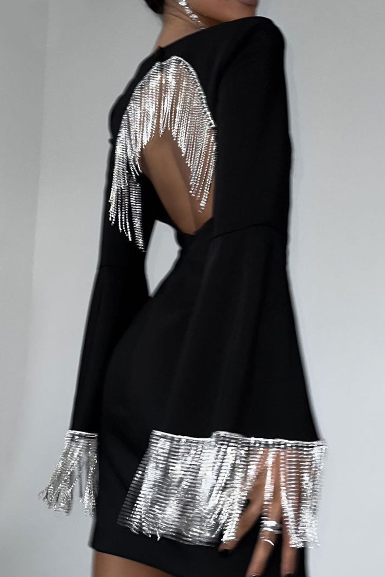 Rhinestone Fringe Oval Back Cutout Long Sleeve Bodycon Mini Dress