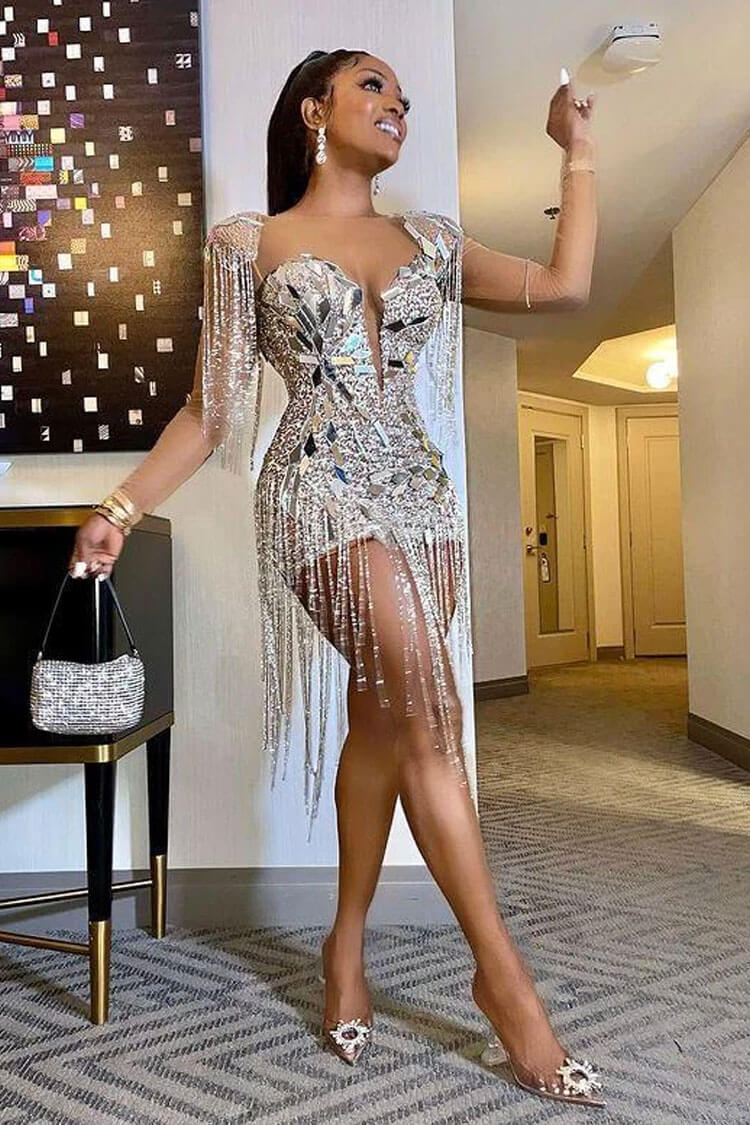 Rhinestone Mirror Shard Fringe Deep V-Neck Cap Sleeve Bodycon Mini Dress