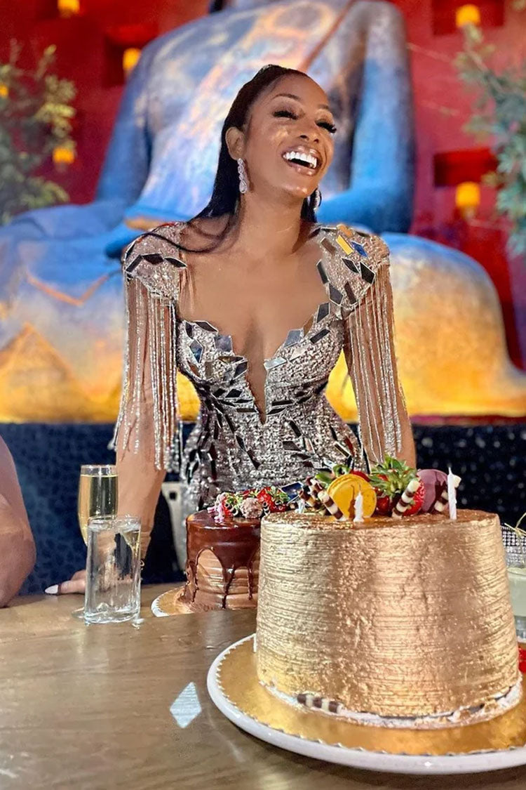 Rhinestone Mirror Shard Fringe Deep V-Neck Cap Sleeve Bodycon Mini Dress