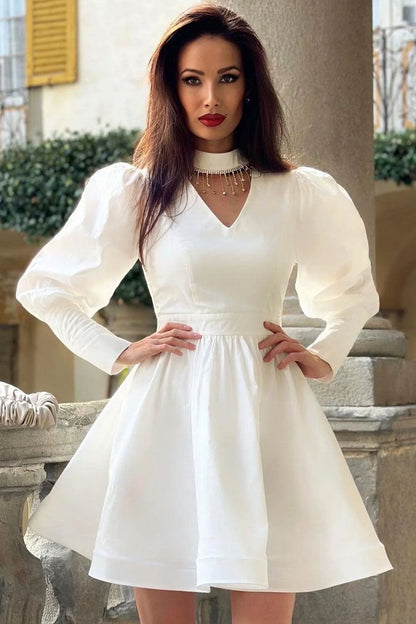 V-Neck Rhinestone Fringe Collar Puff Sleeve Fit and Flare Mini Dress