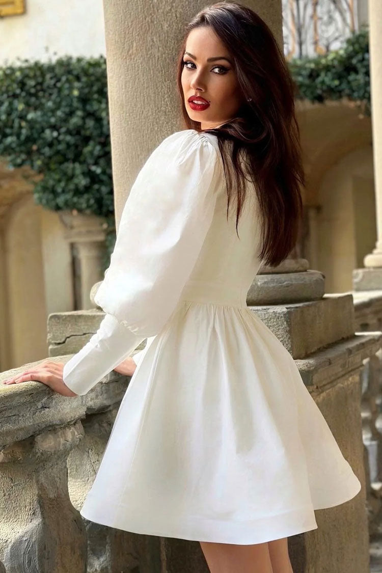 V-Neck Rhinestone Fringe Collar Puff Sleeve Fit and Flare Mini Dress