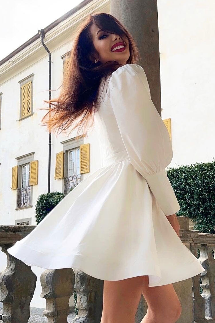 V-Neck Rhinestone Fringe Collar Puff Sleeve Fit and Flare Mini Dress