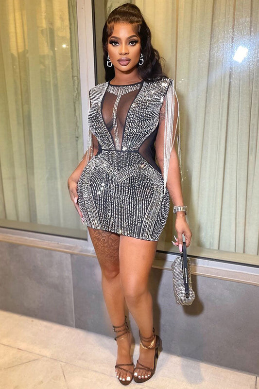 Rhinestone Fringe Mesh Panel Sleeveless Bodycon Mini Dress