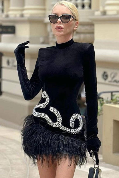 Mock Neck Sequin Scroll Embroidery Integrated Glove Sleeve Feather Trim Velvet Mini Dress