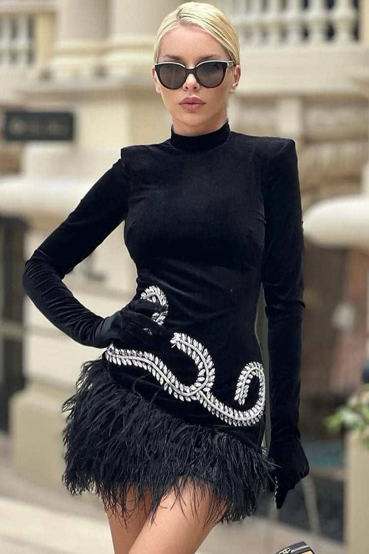 Mock Neck Sequin Scroll Embroidery Integrated Glove Sleeve Feather Trim Velvet Mini Dress