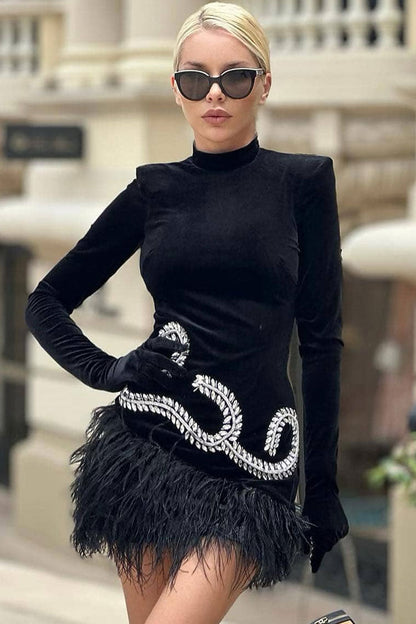 Mock Neck Sequin Scroll Embroidery Integrated Glove Sleeve Feather Trim Velvet Mini Dress