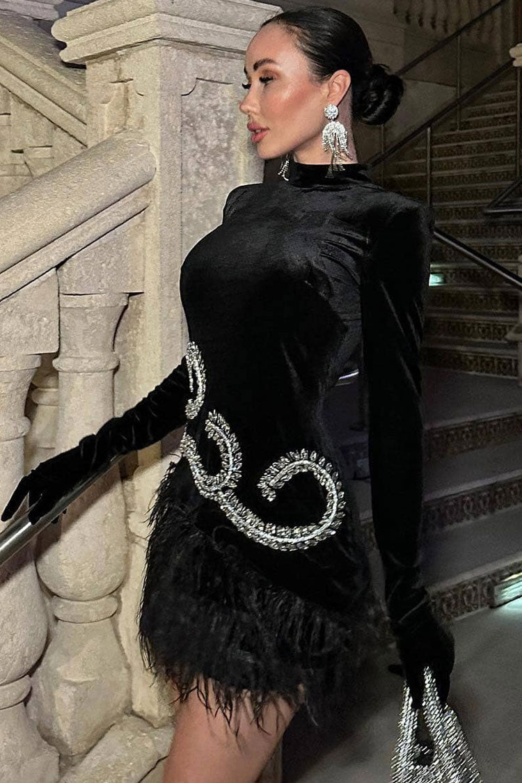 Mock Neck Sequin Scroll Embroidery Integrated Glove Sleeve Feather Trim Velvet Mini Dress