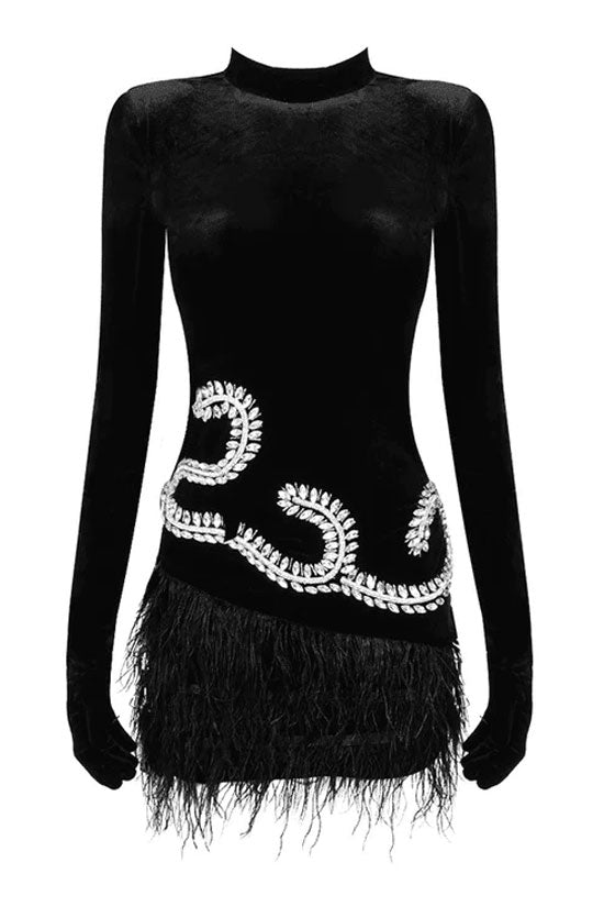 Mock Neck Sequin Scroll Embroidery Integrated Glove Sleeve Feather Trim Velvet Mini Dress
