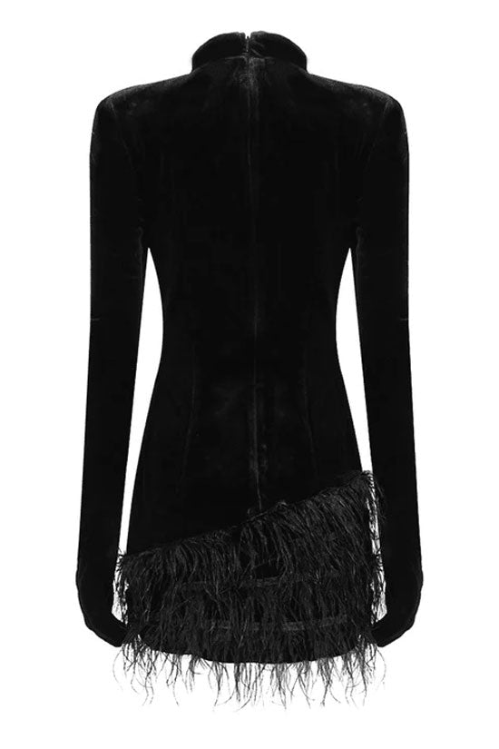 Mock Neck Sequin Scroll Embroidery Integrated Glove Sleeve Feather Trim Velvet Mini Dress