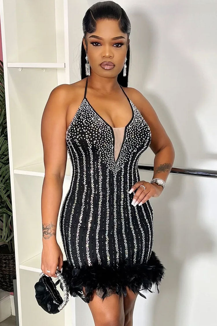 Rhinestone Halter Neck Deep V-Neck Feather Trim Bodycon Mini Dress