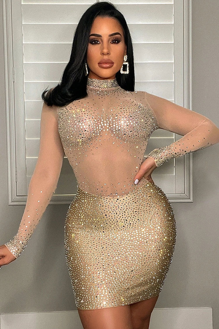 Rhinestone Mock Neck Long Sleeve Sheer Mesh Panel Bodycon Mini Dress