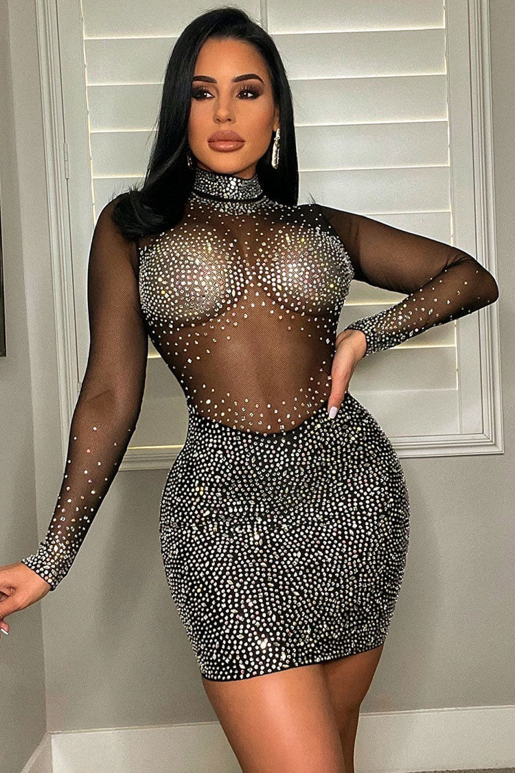 Rhinestone Mock Neck Long Sleeve Sheer Mesh Panel Bodycon Mini Dress