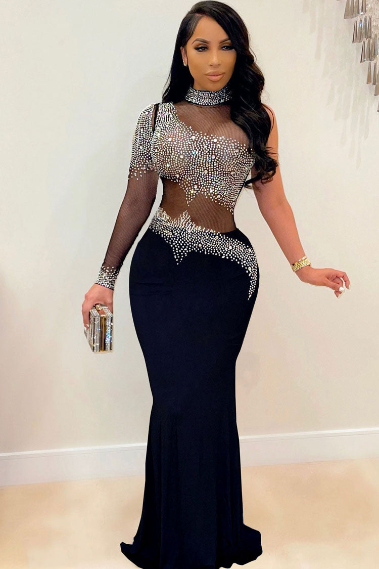 One-Shoulder Mock Neck Rhinestone Geometric Mesh Cutout Mermaid Maxi Gown