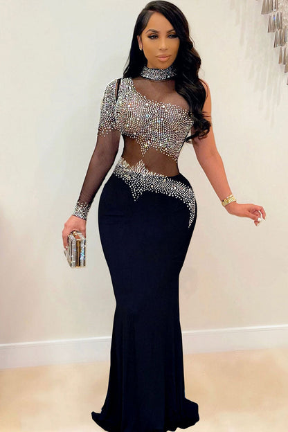 One-Shoulder Mock Neck Rhinestone Geometric Mesh Cutout Mermaid Maxi Gown