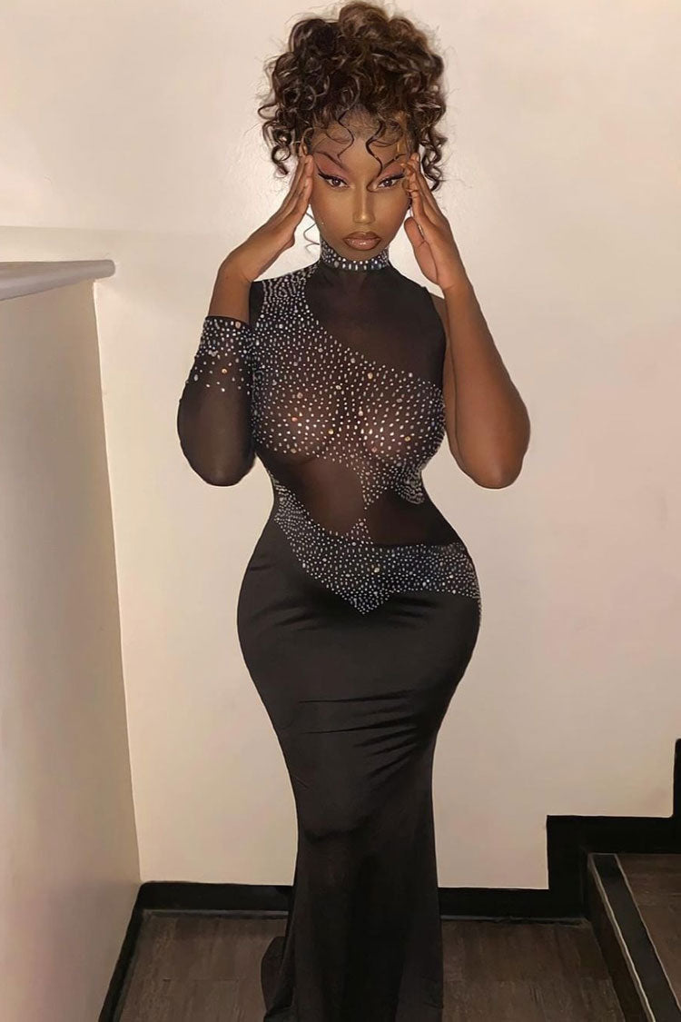 One-Shoulder Mock Neck Rhinestone Geometric Mesh Cutout Mermaid Maxi Gown