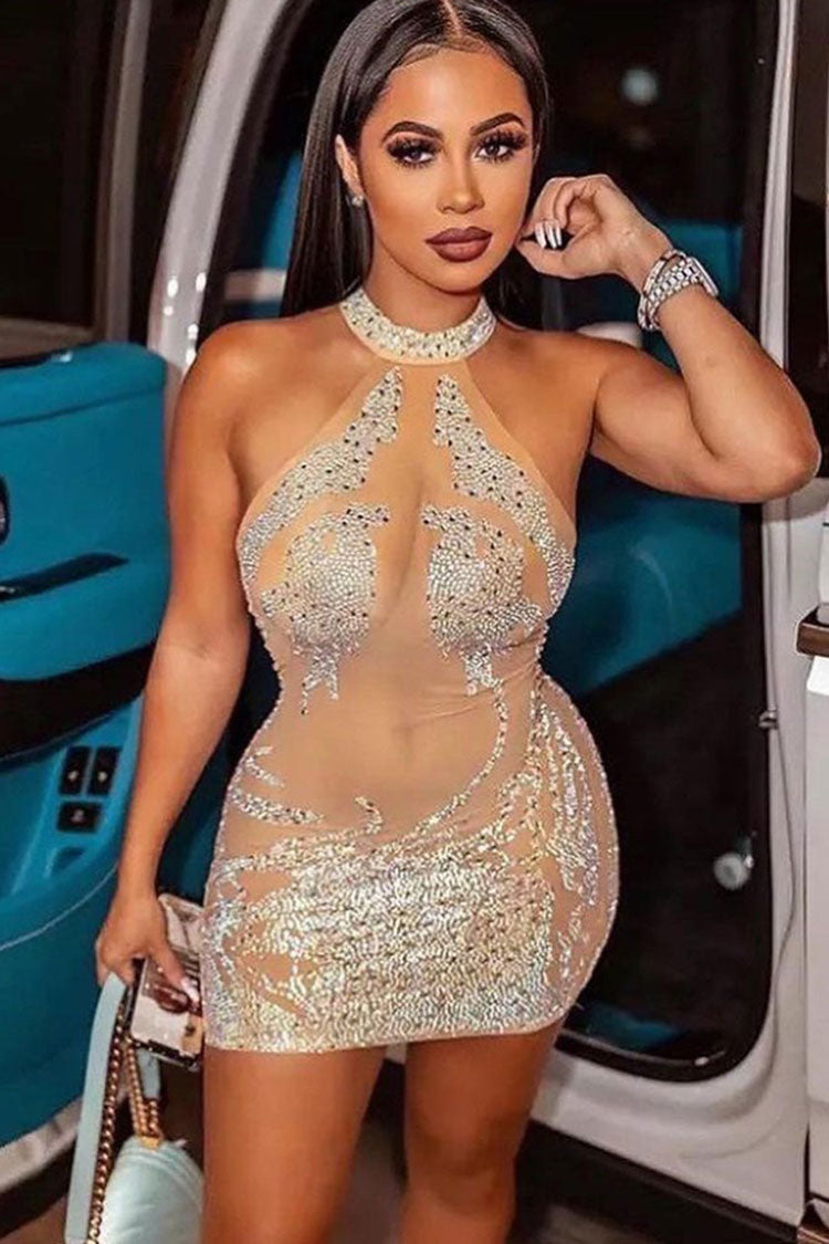 Mock Neck Keyhole Cutout Rhinestone Swirl Pattern Sheer Mesh Bodycon Mini Dress