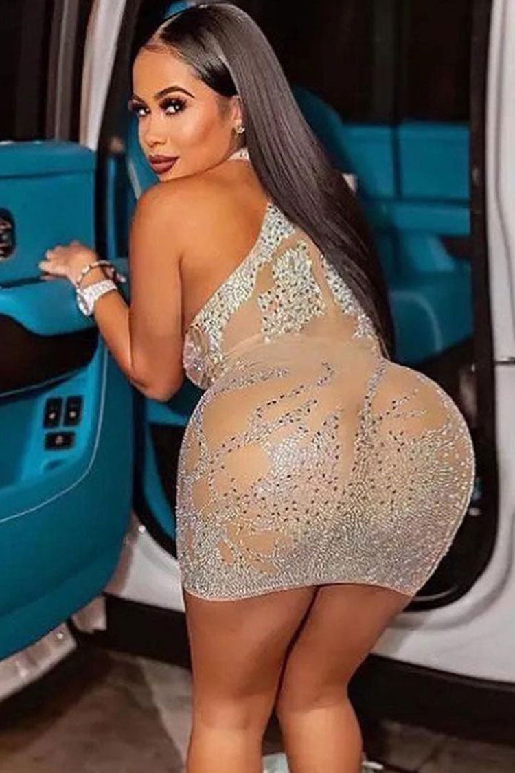 Mock Neck Keyhole Cutout Rhinestone Swirl Pattern Sheer Mesh Bodycon Mini Dress