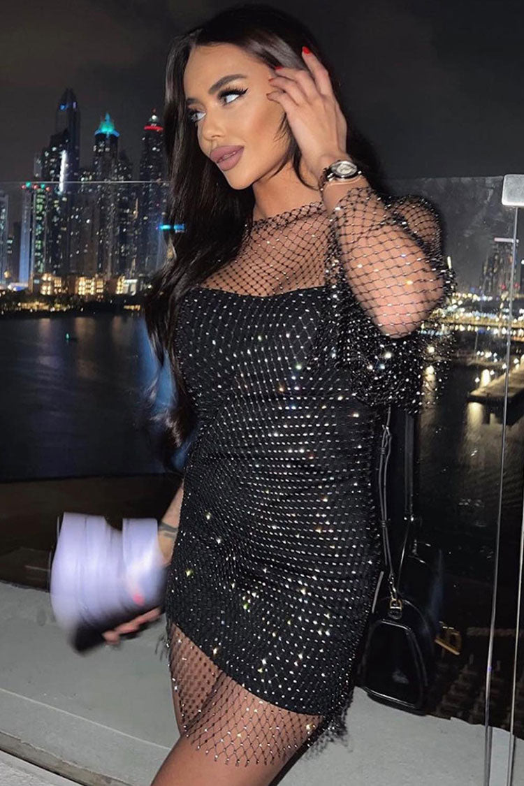 Rhinestone Embellished Mesh Long Sleeve Sheer Overlay Bodycon Mini Dress