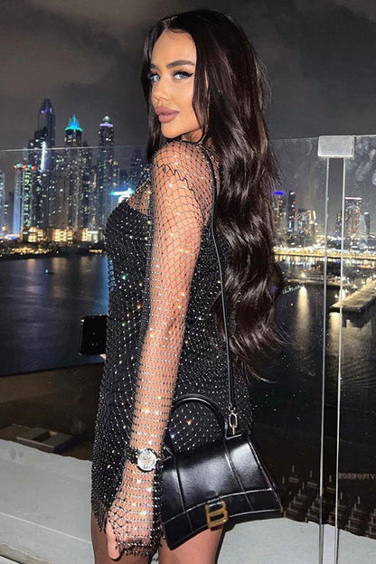 Rhinestone Embellished Mesh Long Sleeve Sheer Overlay Bodycon Mini Dress