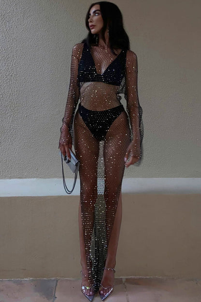 Rhinestone Fishnet Bell Sleeve Crop Top and High Slit Midi Skirt Set